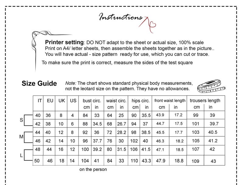 May include: Size chart for a leotard with measurements in inches and centimeters. The chart includes bust, waist, hips, front waist length, and trousers length. The chart is labeled with sizes S, M, and L.