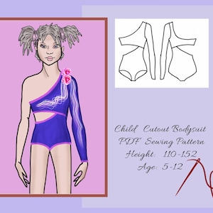 May include: A digital illustration of a child's bodysuit sewing pattern. The pattern is for a cutout bodysuit with one long sleeve and one short sleeve. The illustration shows a girl wearing the bodysuit with a pink flower on the shoulder. The text on the image reads "Child Cutout Bodysuit PDF Sewing Pattern Height: 110-152 Age: 5-12"