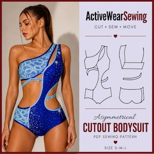 Può includere: Un cartamodello per body asimmetrico con ritagli di ActiveWearSewing. Il design presenta un body blu a spalla singola con motivi a vortice azzurri e dettagli a stella. L'immagine include disegni tecnici dei pezzi del cartamodello.
