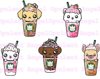 Kawaii Clipart Puppachino Pack, Café, Café helado, Crema batida, Dulces, Labrador, Retriever, Cachorro, Perro, Fruta, Chocolate, Postre, Frap