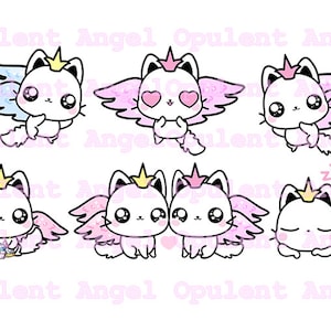 Kawaii Clipart Angel Kitty Pack, Engel, Prinses, Pastel, Clipart Art, Engelachtig, PNG, Vector, Kroon, Kronen, Schattig, Katten, Kitty, Kitten, Girly
