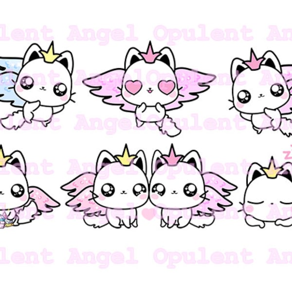 Kawaii Clipart Engel Kitty Pack, Engel, Prinzessin, Pastell, Clipart Art, Engel, PNG, Vektor, Krone, Kronen, Niedlich, Katzen, Kätzchen, Kätzchen, Mädchen