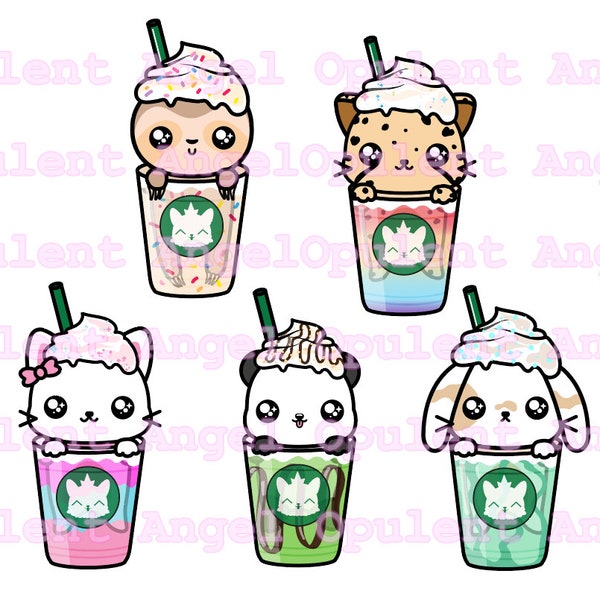 Kawaii Clipart Anachino Pack, Café, Café glacé, Crème fouettée, King Charles, Husky, Chiot, Chien, Fruits, Chocolat, Dessert, Frap