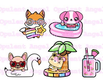 Animal Crossing inspirado Kawaii Set, Animal Xing, Animales, Verano, Bonita, Sandía, Perros, Zorro, Agua, Natación, Piscina, Flotante, Bebidas, Diversión