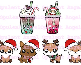 Kawaii Navidad Clipart II Reno Cachorro Corgi Burbuja Té Boba Navidad Vacaciones Vacaciones Pegatinas Imprimibles