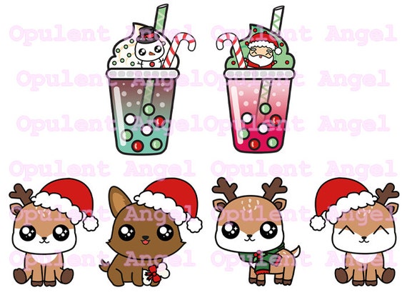 Kawaii Christmas Clipart II Reindeer Puppy Corgi Bubble Tea Boba Xmas Drink  Holiday Holidays Stickers Printable