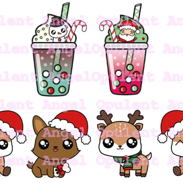 Kawaii Christmas Clipart II Reindeer Puppy Corgi Bubble Tea Boba Xmas Drink Holiday Holidays Stickers Printable