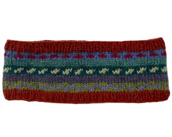 May include: A red knitted headband with a colorful geometric pattern. The headband is made of wool and has a warm, cozy feel.