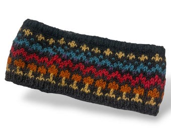 May include: A dark gray knitted headband with a colorful pattern. The pattern includes rows of red, orange, blue, and yellow designs. The headband is made of a soft, textured material.