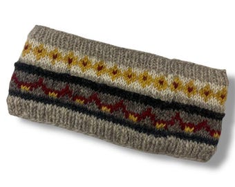 May include: A gray knitted headband with a colorful geometric pattern. The pattern features yellow, red, and black stripes with a white background.