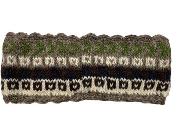 May include: A brown, green, white, and blue knitted headband with a geometric pattern.