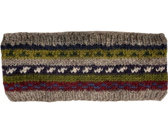 May include: A gray knitted headband with a colorful geometric pattern in shades of green, blue, red, and white.