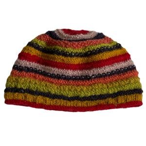 May include: A colorful striped knitted beanie hat with red, orange, yellow, green, black, and gray stripes.