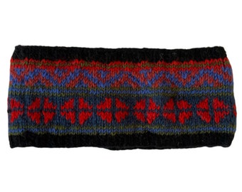 May include: A black knit headband with a colorful geometric pattern in shades of red, blue, and green.