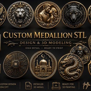 Może przedstawiać: Kolekcja misternie zaprojektowanych, metalowych medalionów o różnych motywach, w tym lwa, wilka i kompasu. Wyświetlany jest tekst "CUSTOM MEDALLION STL", wraz z informacjami o projektowaniu i modelowaniu 3D. Medale są gotowe do druku 3D.