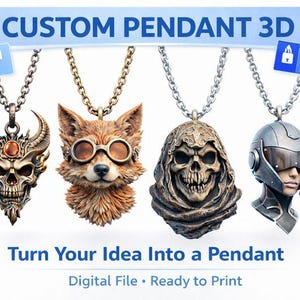Può includere: Immagine di quattro modelli di ciondoli 3D personalizzati. I ciondoli includono un teschio, una volpe con occhiali, un teschio con cappuccio e un casco futuristico. Il testo recita "Custom Pendant 3D" e "Turn Your Idea Into a Pendant."