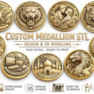 May include: A collection of gold-colored medallions with intricate designs. The medallions feature various themes, including a tiger, a dragon, a Viking, and a couple. Text on the medallions includes "ALPHA TEAM", "ENGINEER", "VALHALLA AWAYS", and "EID MUBARAK". The text "CUSTOM MEDALLION STL" is also present.