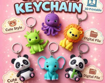 May include: A collection of colorful, custom-designed keychains featuring various cute animal characters, including a panda, elephant, lion, dragon, and octopus. The keychains are on a pink background with text that reads "CUSTOM CUTE KEYCHAIN".