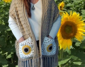 Crochet Pocket Shawl Pattern, Sunny Delight Pocket Shawl, Crochet Shawl Pattern, Crochet Wrap Pattern, Sunflower Pocket Shawl