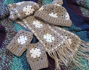 Crochet Pattern, For the Love of Granny Winter Set, Crochet Stocking Cap, Crochet Scarf Pattern, Crochet Glove Pattern, Granny Square