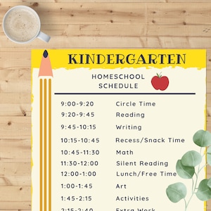 May include: A yellow and white printable homeschool schedule for kindergarten with a red apple graphic and a pencil illustration. The schedule lists daily activities with times from 9:00 AM to 2:40 PM, including circle time, reading, writing, recess, math, silent reading, lunch, art, activities, and extra work.