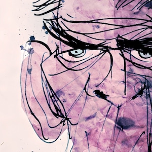 Puede incluir: Una ilustración en blanco y negro de Samuel Beckett, un famoso dramaturgo, novelista y poeta irlandés. La ilustración está realizada en estilo acuarela con un fondo rosa y morado.