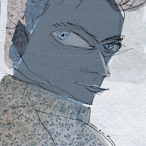 Puede incluir: Una ilustración en blanco y negro de la cara de un hombre con un ojo azul. El hombre lleva un suéter azul con estampado. La imagen está firmada "Paul Auster".