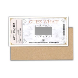 May include: A white gift voucher with a gold border and a scratch-off area. The voucher says "Guess What?" and has a space for the recipient's name and the giver's name. The voucher is on a brown paper background.