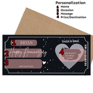 K&ouml;nnte beinhalten: Ein schwarz-wei&szlig;es Rubbellos mit einem rosa Herzen und Sternen. Das Los sagt "Rubbeln, um zu enth&uuml;llen" und enth&auml;lt den Text "Du gehst zum Zach Bryan Konzert!" Das Los ist personalisiert mit dem Namen "Bryan" und dem Anlass "Frohes Jubil&auml;um".
