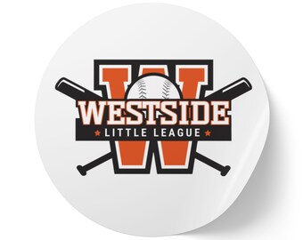 May include: A white, round sticker featuring the words "WESTSIDE LITTLE LEAGUE" in black and white text, with an orange "W" and baseball graphic. Two crossed baseball bats are also included in the design.