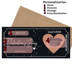 K&ouml;nnte beinhalten: Eine schwarze und rosafarbene Rubbelkarte mit dem Text "Happy Valentine's Day" und einem Herz. Die Karte hat einen Platz zum Personalisieren mit einem Namen, einem Anlass, einer Nachricht und einem Preis/Ziel. Die Karte ist so konzipiert, dass sie gerubbelt werden kann, um eine versteckte Nachricht zu enth&uuml;llen.