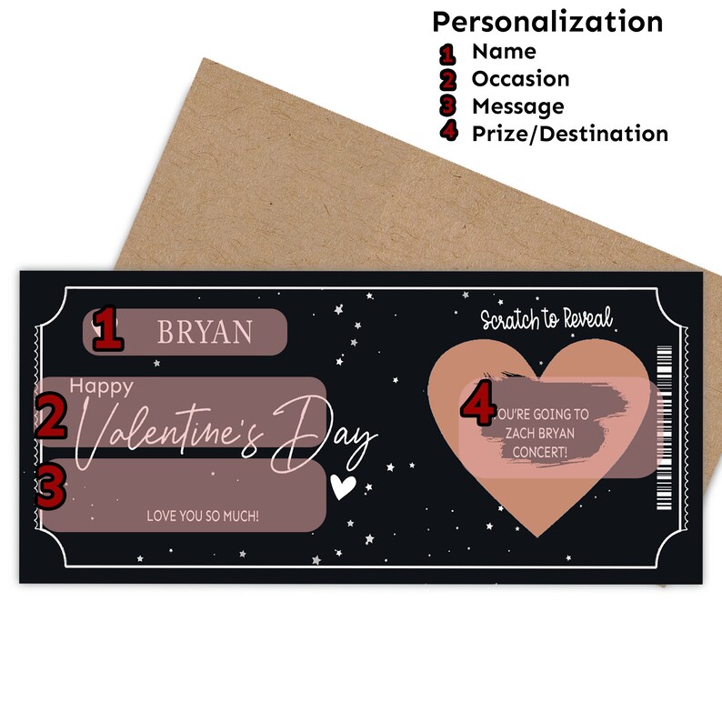 K&ouml;nnte beinhalten: Eine schwarze und rosafarbene Rubbelkarte mit dem Text "Happy Valentine's Day" und einem Herz. Die Karte hat einen Platz zum Personalisieren mit einem Namen, einem Anlass, einer Nachricht und einem Preis/Ziel. Die Karte ist so konzipiert, dass sie gerubbelt werden kann, um eine versteckte Nachricht zu enth&uuml;llen.