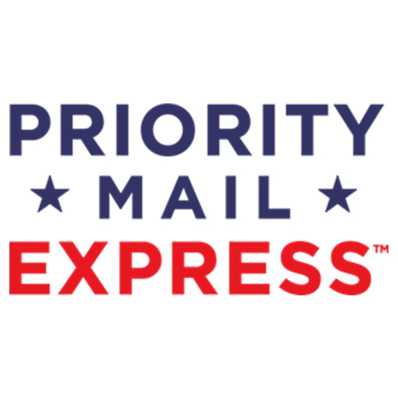 May include: A blue and red logo with the text "PRIORITY MAIL EXPRESS" and a star on either side of the word "MAIL".
