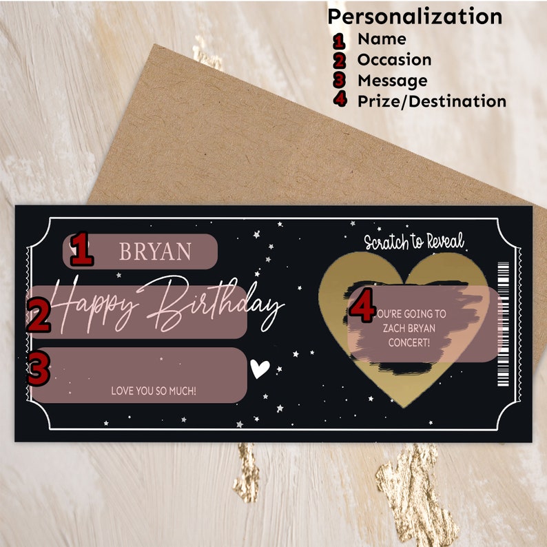 K&ouml;nnte beinhalten: Eine schwarze und goldene Rubbelkarte in Herzform mit dem Text "Scratch to Reveal". Die Karte enth&auml;lt eine personalisierte Nachricht mit dem Text "Happy Birthday Bryan! Love you so much!" und einen Preis mit dem Text "You're going to Zach Bryan concert!"