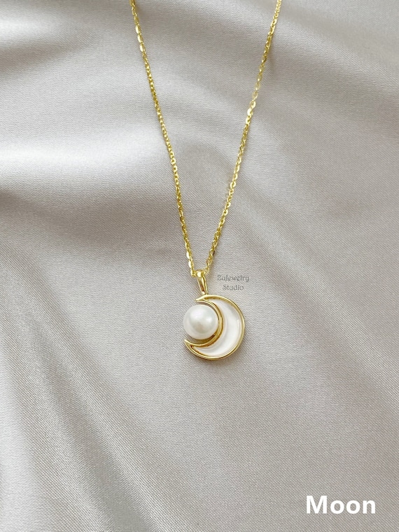 Pearl Moon Pendant Crescent Moon Necklace Star Necklace Genuine Natural Mother of Pearl Untreated Freshwater Pearl 14K Gold Plated 34 Etsy