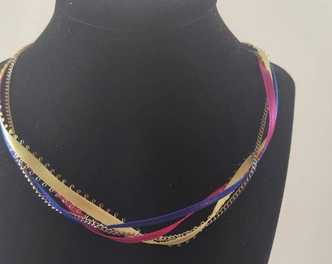 Pink, blue, yellow, silver chain choker necklace with silver clasp