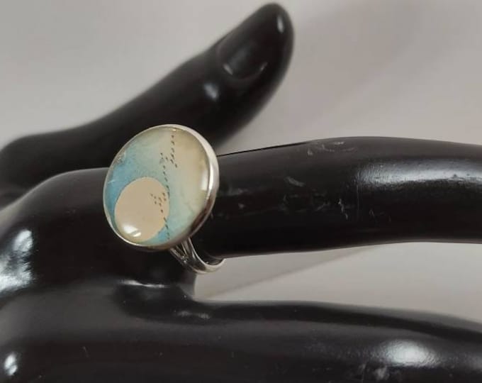 Full Moon and birds paper art in resin ring, size adjustable