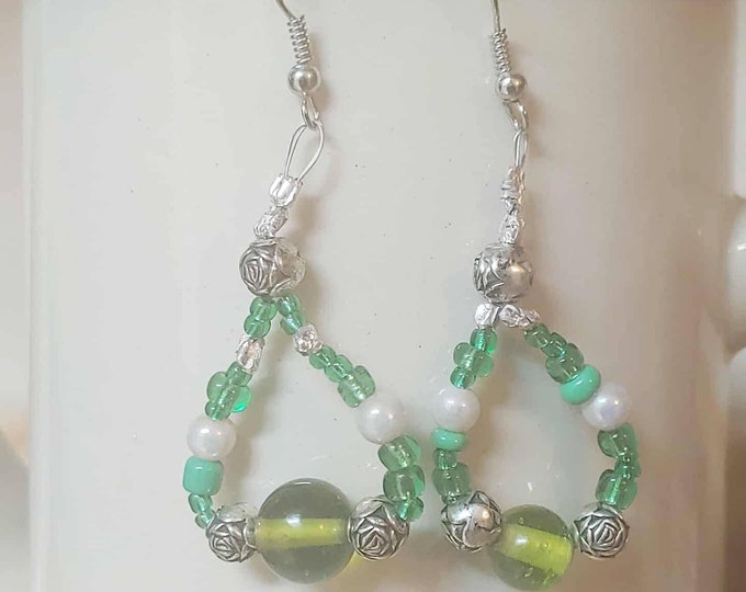 Green and Silver beaded hoop earrings