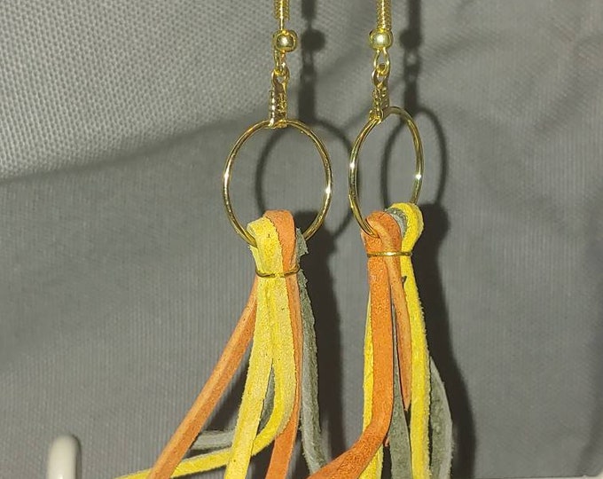 Tri-color leather fringe earrings