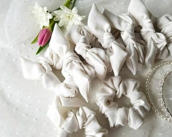Off White Satin Knot Bow Scrunchie | Bridesmaid Accessory
