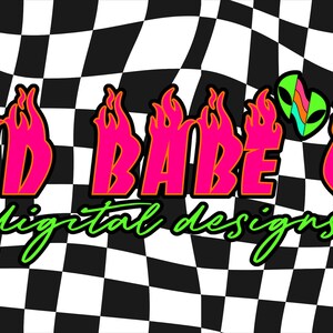 May include: A graphic design featuring the text "RAD BABE CO." in pink with flame accents, set against a black and white checkered background. The words "digital designs" are in green script. Includes dice and alien graphics.