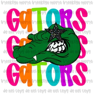 May include: A graphic design featuring a green alligator head with a black glitter star on its eye, and the word "GATORS" in bright colours. The design is repeated multiple times on a white background.