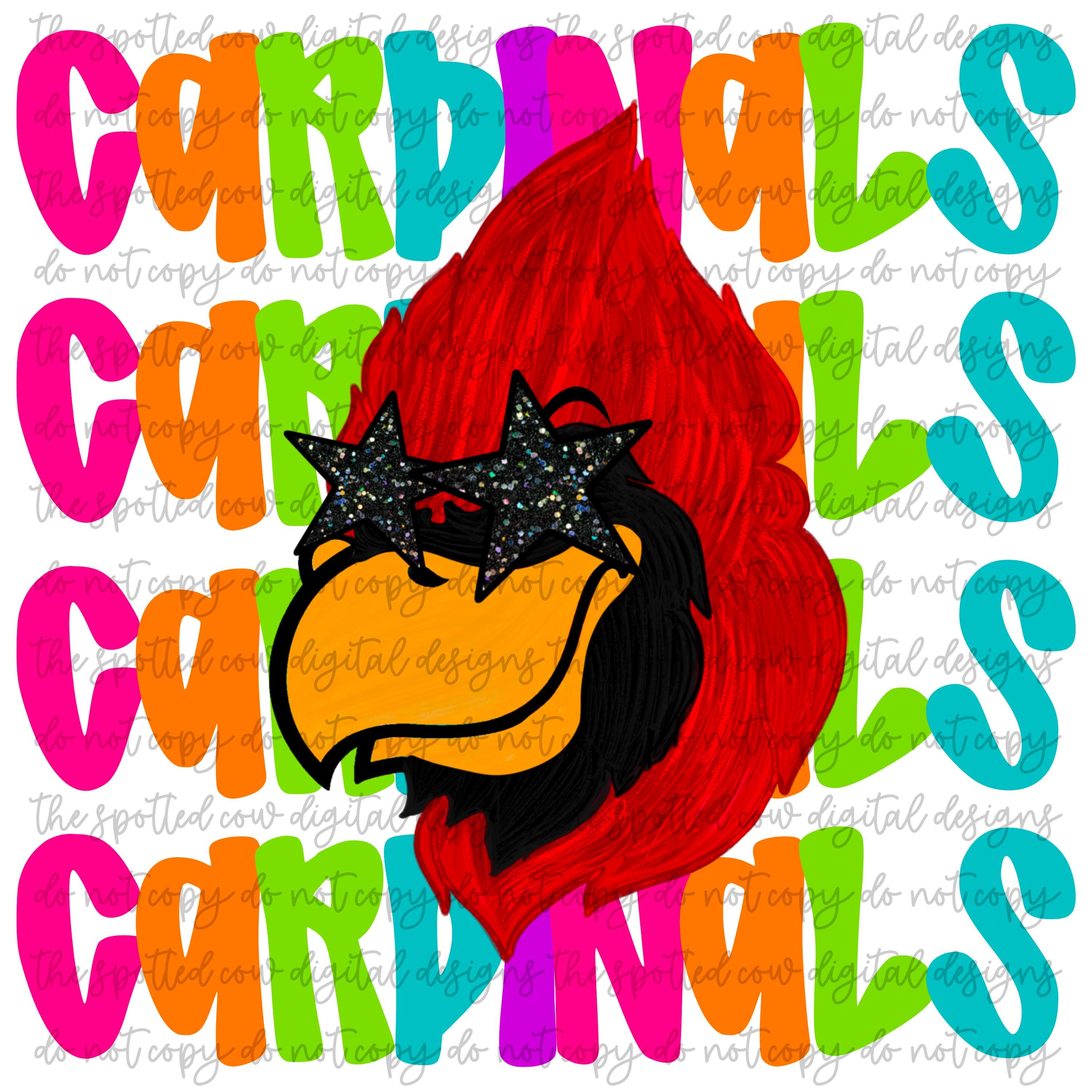 Preppy Neon Star-Eyed Cardinals Mascot PNG | High-Resolution Transparent Digital Download