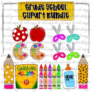 May include: A collection of grade school clipart, including apples, scissors, paint palettes, pencils, crayons, and glue. The text "Grade School Clipart Bundle" is displayed on a yellow background with a ruler design.
