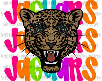 Preppy Neon Star-Eyed Jaguars Mascot PNG