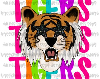 Preppy Neon Star-Eyed Tigers Mascot PNG