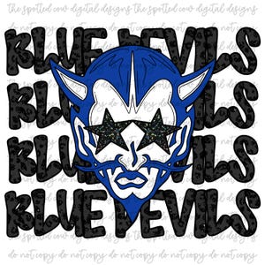 May include: Blue devil mascot with white eyes and black star-shaped sunglasses. The mascot is wearing a blue and white costume with horns. The text "BLUE DEVILS" is repeated in black and white on a black and white leopard print background.