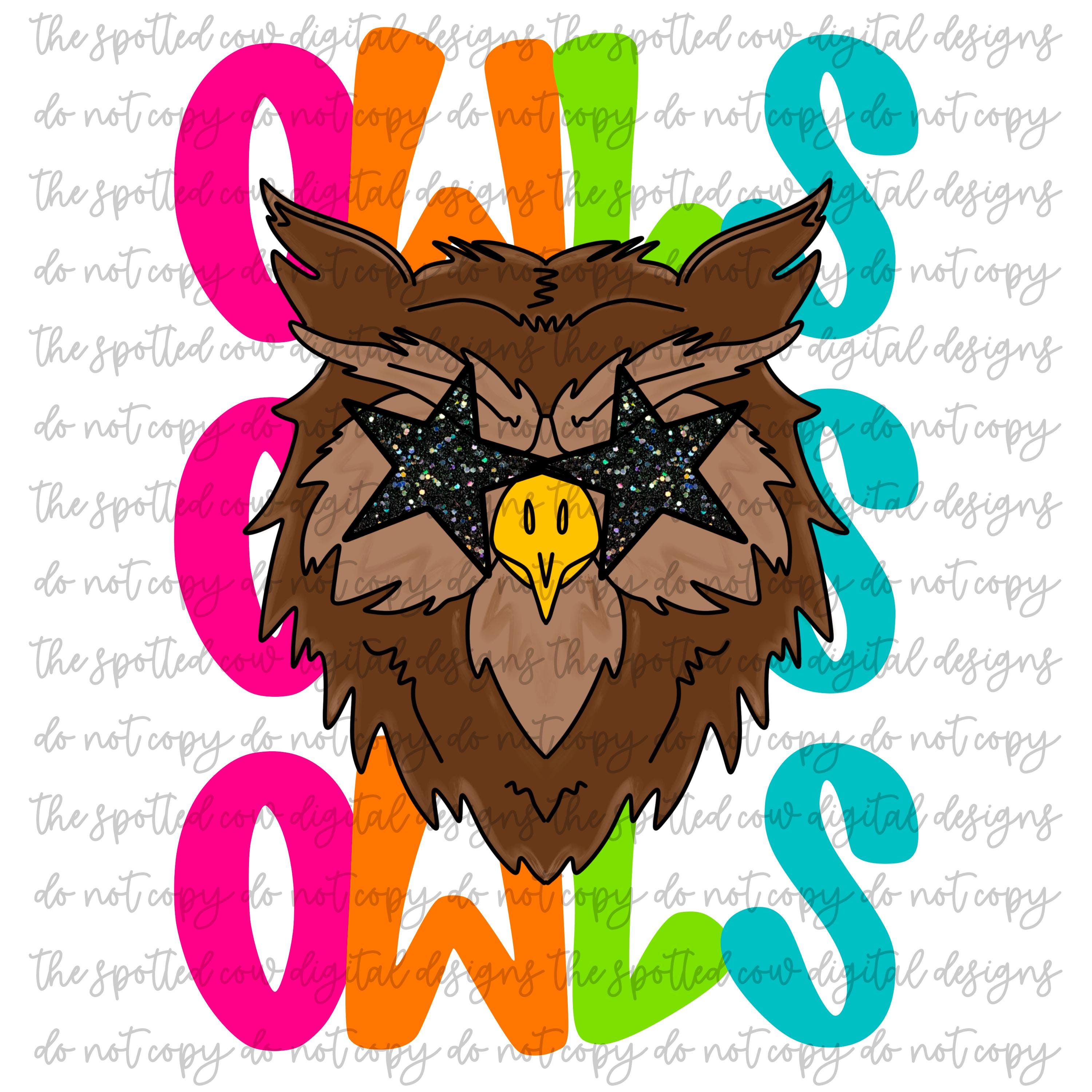 Preppy Neon Star-Eyed Owls Mascot PNG