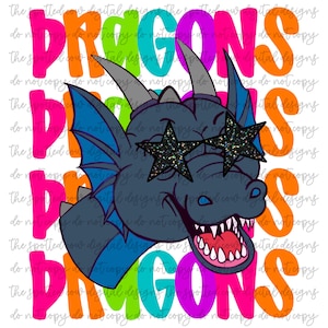 Preppy Neon Star-Eyed Blue Dragons Mascot PNG