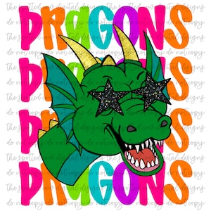 Preppy Neon Star-Eyed Dragons Mascot PNG